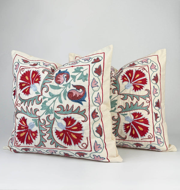 Red And Green Uzbek Suzani Embroidery Cushion and Pillow Cover Bukhara - Eclectic Stretched Suzani, Vintage Suzani Textile, Suzani Wall Hanging