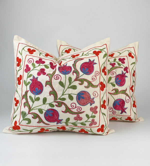 Red And Green Uzbek Suzani Embroidery Cushion and Pillow Cover Bukhara - Natural Embroidered Suzani Pillow, Antique Suzani Panel, Suzani Rug
