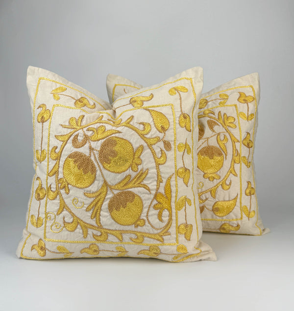 Gold And Yellow Uzbek Suzani Embroidery Cushion and Pillow Cover Bukhara - Contemporary Suzani Throw, Persian Pillow Case, Suzani Wall Hanging