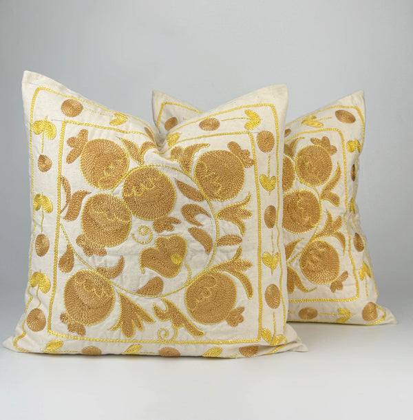 Gold And Yellow Uzbek Suzani Embroidery Cushion and Pillow Cover Bukhara - Premium Uzbek Pillow, Persian Pillow Cover, Suzani Wall Hanging